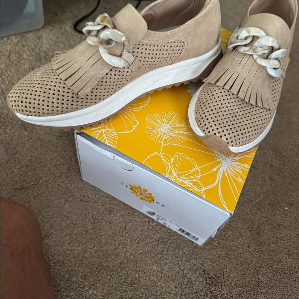 Yellow Box Tan Perforated Sneakers with Fringe and Chain